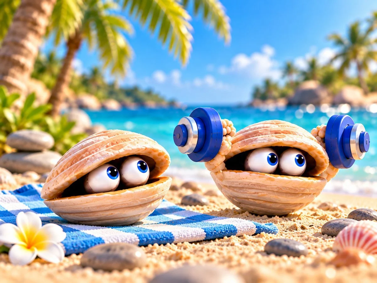 Surf and Turf the clams relaxing happily on a beach towel