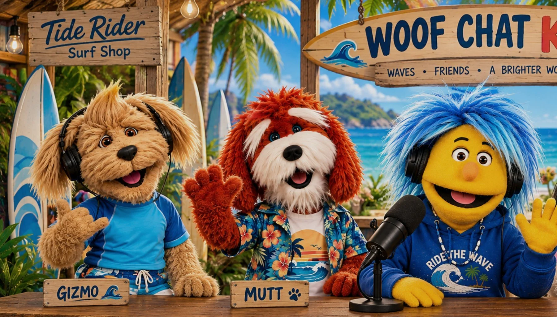 Gizmo, Mutt and Max at the Tide Rider Surf Shop recording the Woof Chat Kids podcast