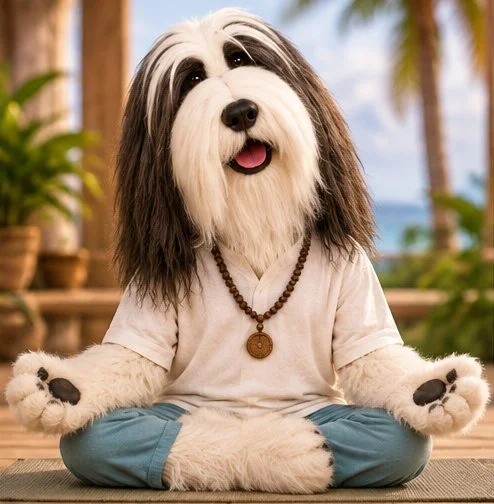 Oliver doing yoga by the beach