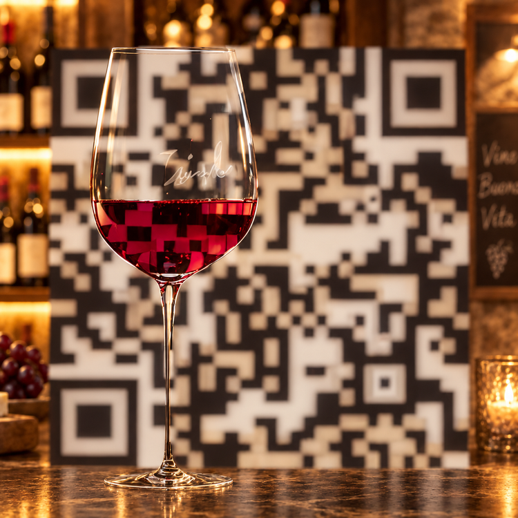 Red wine glass in a warmly lit wine bar with QR artwork