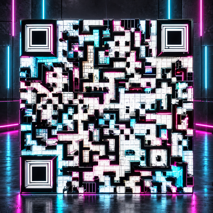 Neon cyan and magenta event venue QR artwork
