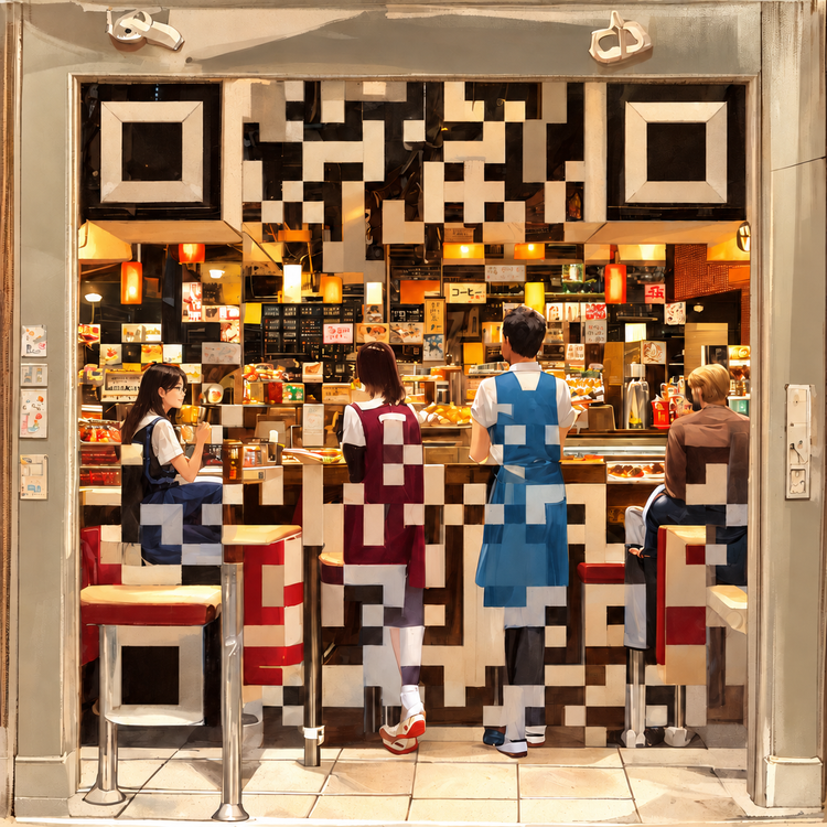 Warmly lit diner with people at the counter and QR artwork woven into the storefront