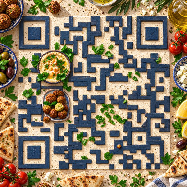 Mediterranean food and blue stone table QR artwork