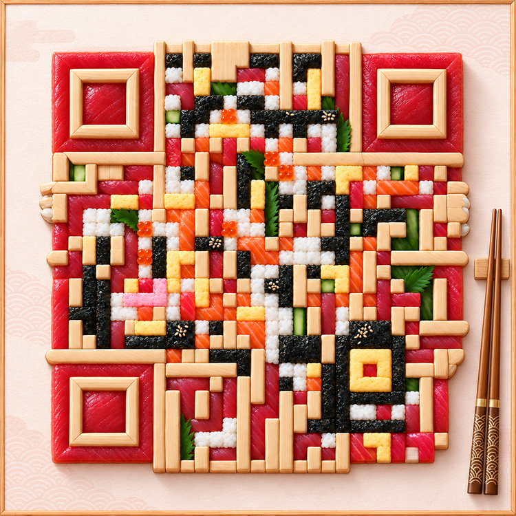 Sushi, rice, seaweed, and wooden chopsticks arranged into QR artwork