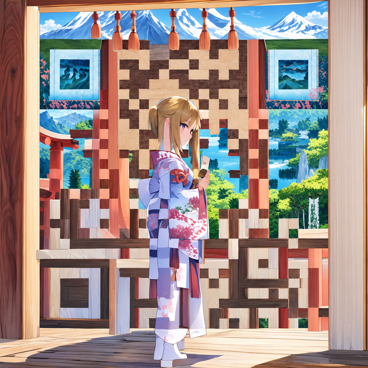 Anime character in a kimono with Japanese mountains and shrine-inspired QR artwork
