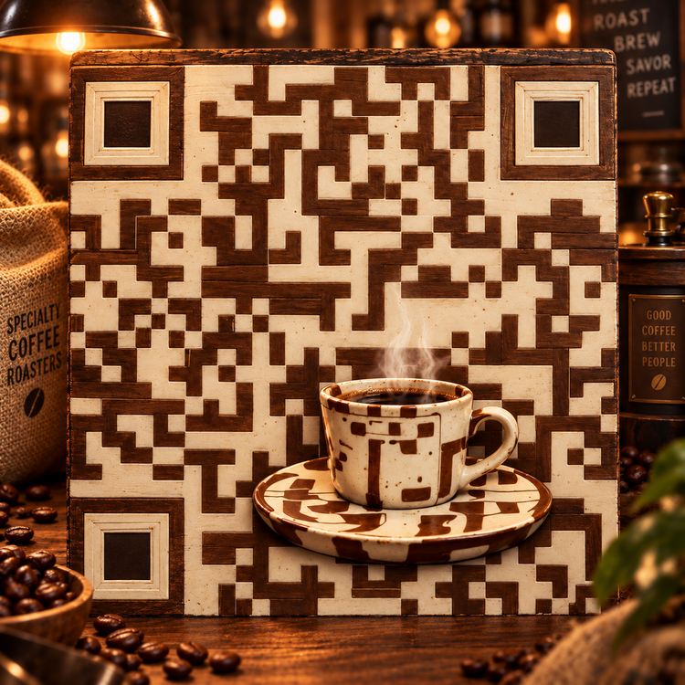 Coffee cup QR artwork with warm wood and ceramic textures
