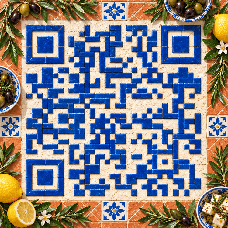 Blue Mediterranean tile QR artwork with olives and lemons
