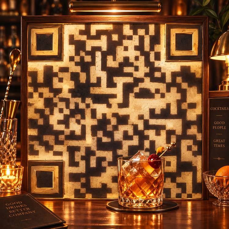 Amber cocktail glass QR artwork in a wooden frame