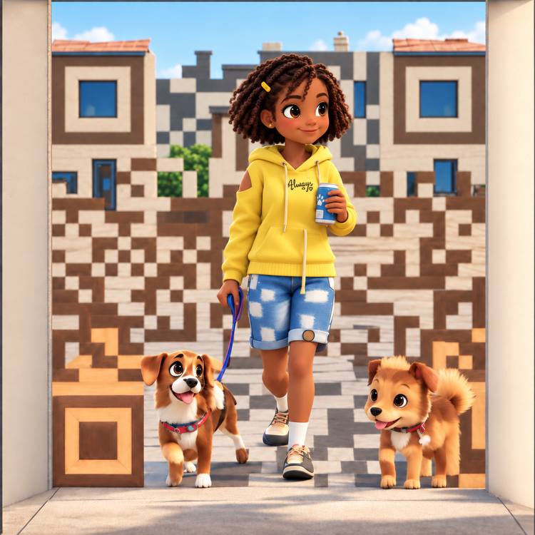 Illustrated dog walker in a yellow hoodie with two dogs in a geometric QR artwork streetscape