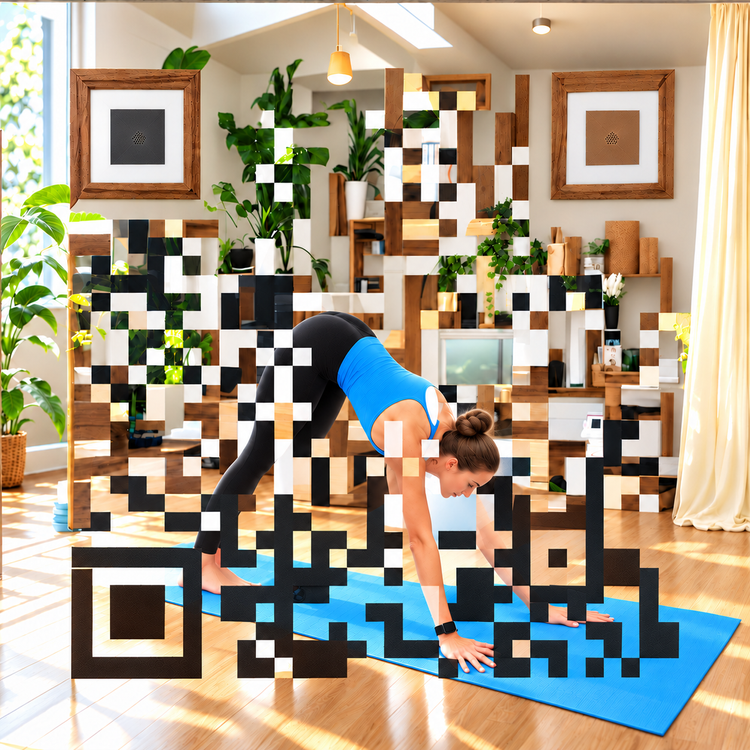 Yoga practice on a blue mat in a sunlit studio with plants and geometric QR artwork