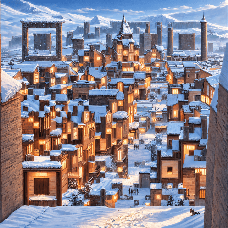 Snow-covered alpine village with warmly lit buildings and mountain QR artwork