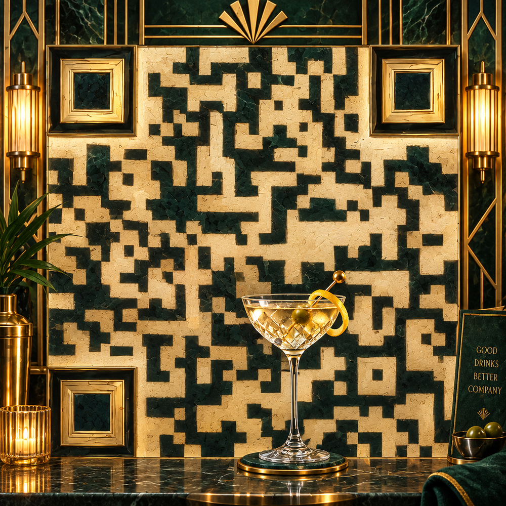 Emerald and gold Art Deco cocktail QR artwork