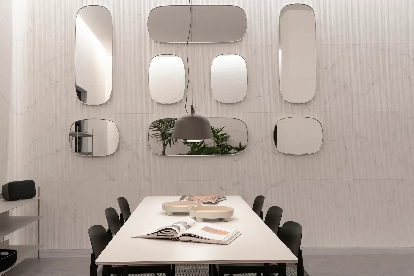 Muuto mirrors above a dining table in the Transformative room of Google’s A Space for Being exhibition.