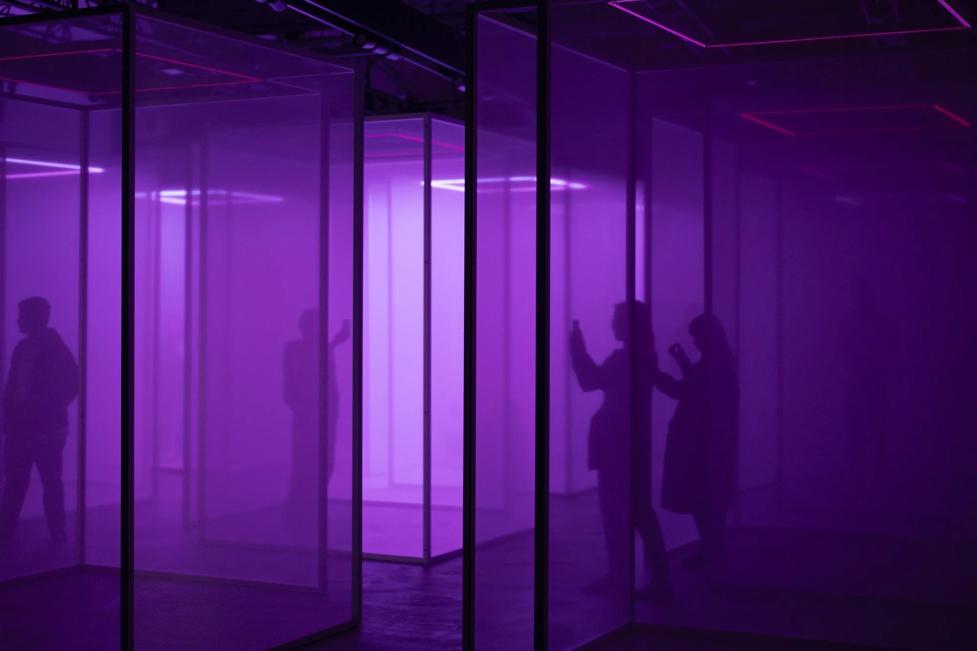 Visitors’ silhouettes among purple illuminated screens at Google’s Making Sense of Color exhibition in Milan.