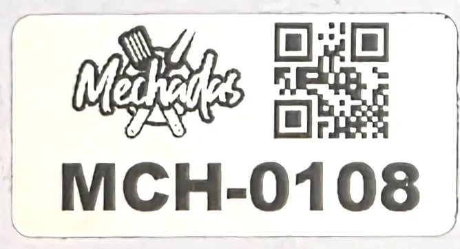 Etiqueta de Mechadas con número MCH-0108 y código QR