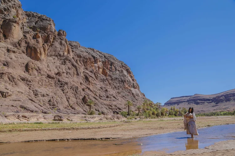 Rocky valley, palm trees and a stream at a filming location in Morocco.