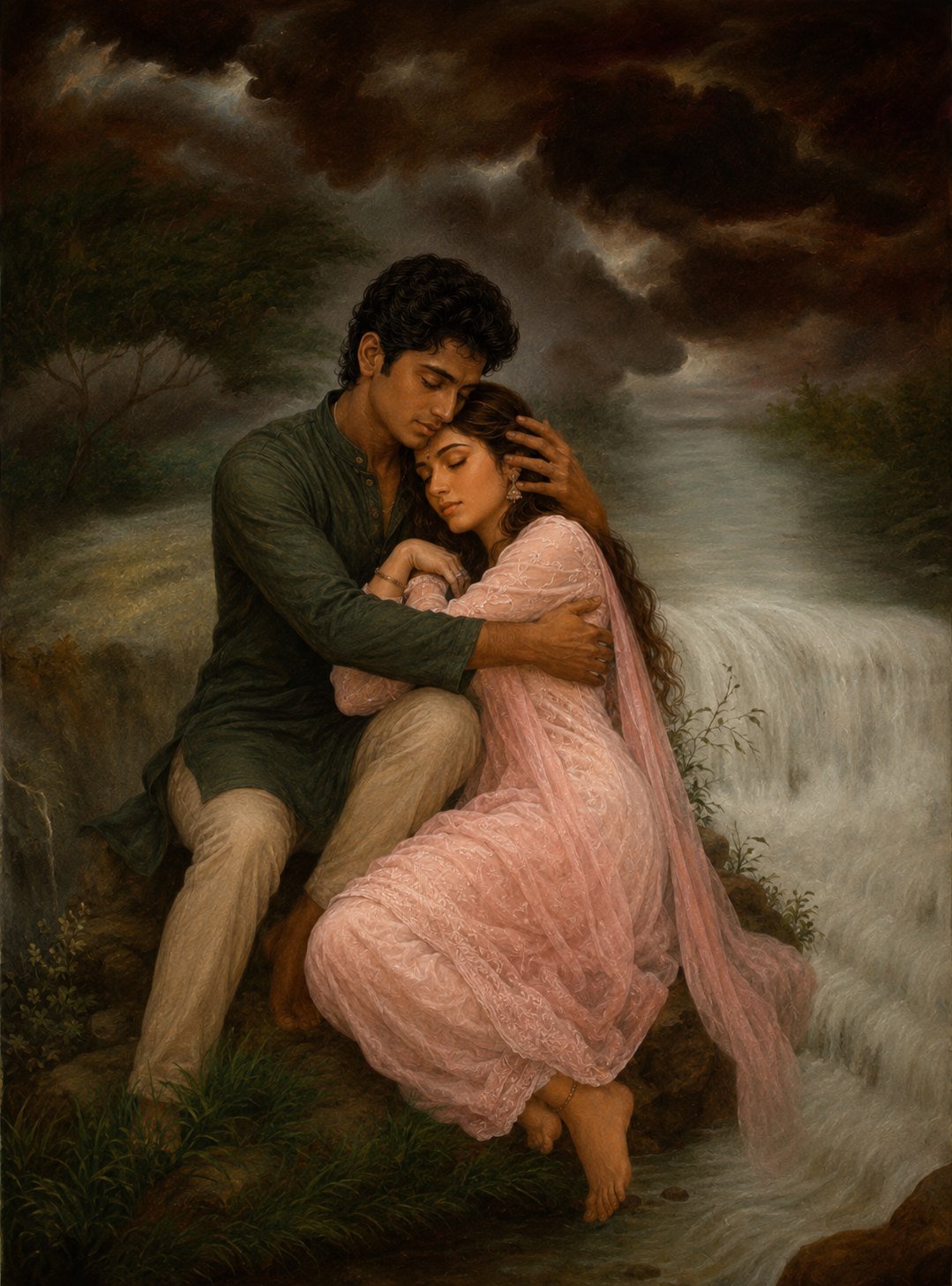 Painting of Heer and Raanjhanaa embracing beside a waterfall under a stormy sky