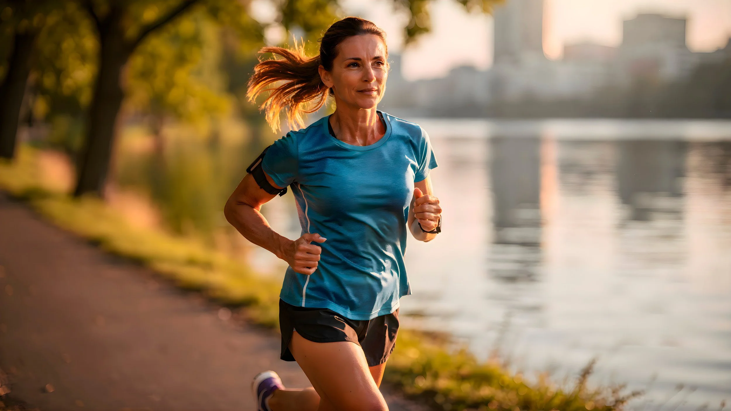 Active woman running on a lakeside path at sunrise, feeling like herself again after hormone therapy