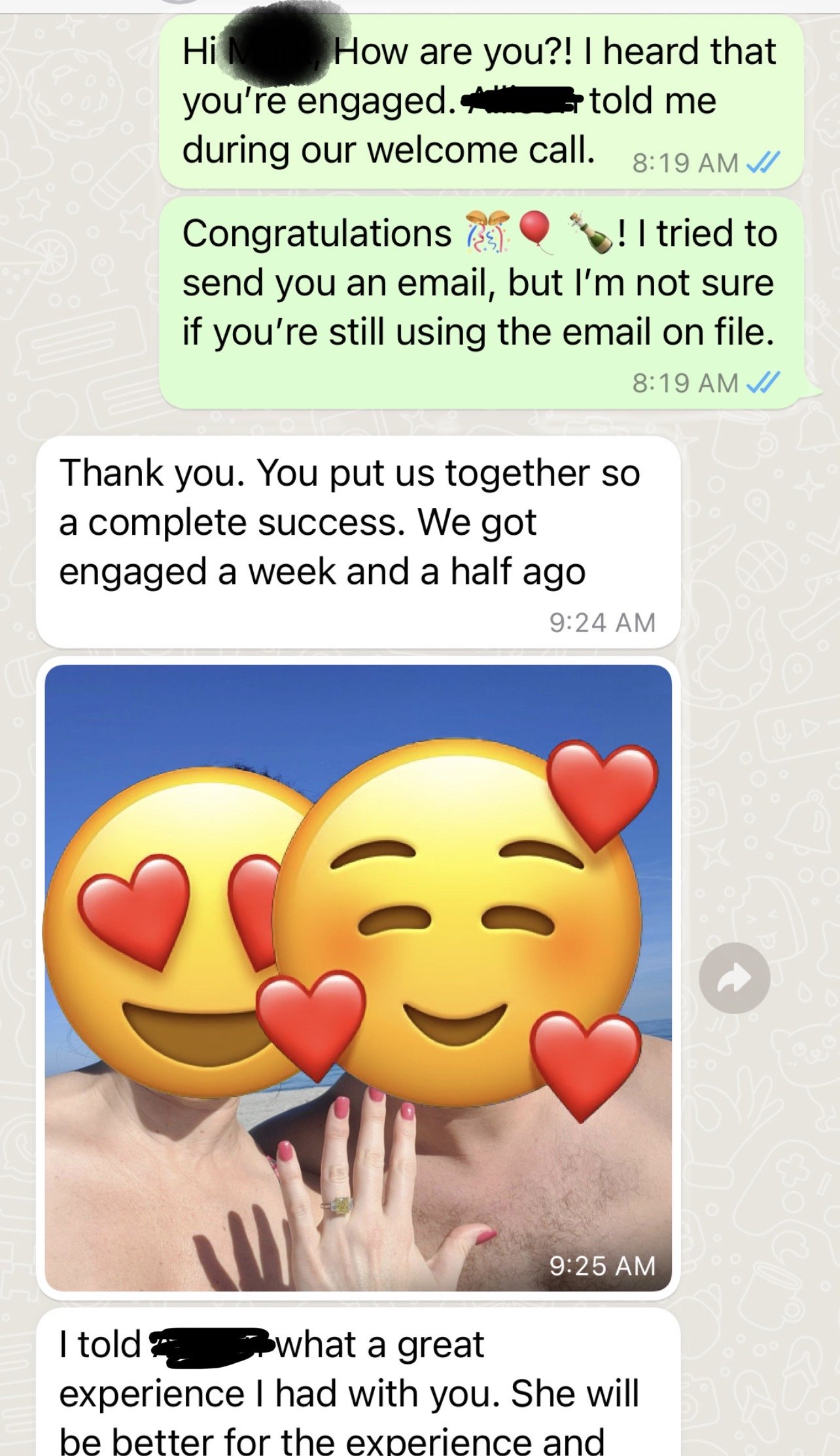 Client WhatsApp message announcing engagement
