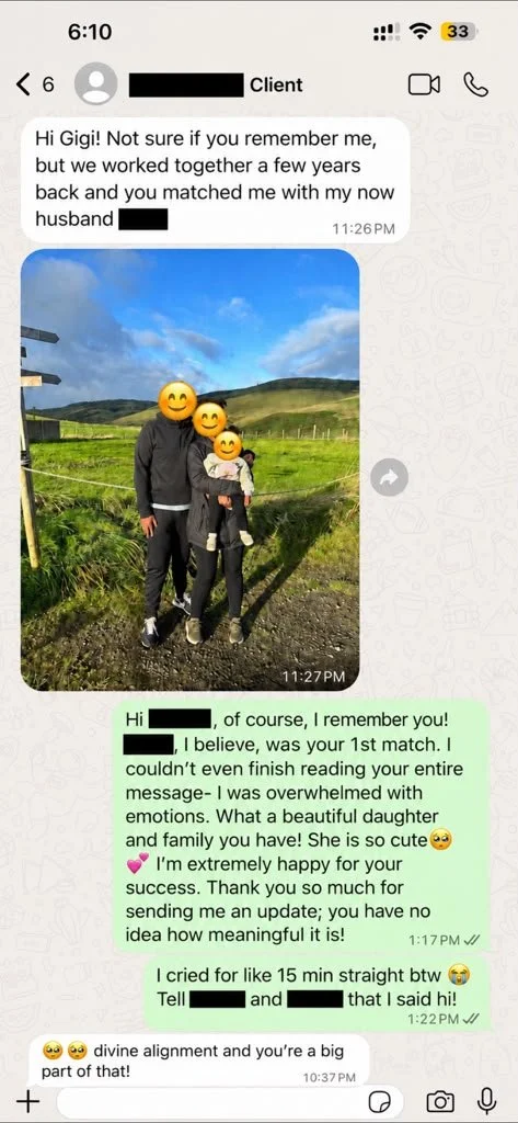 Client text message about meeting her husband on her first match
