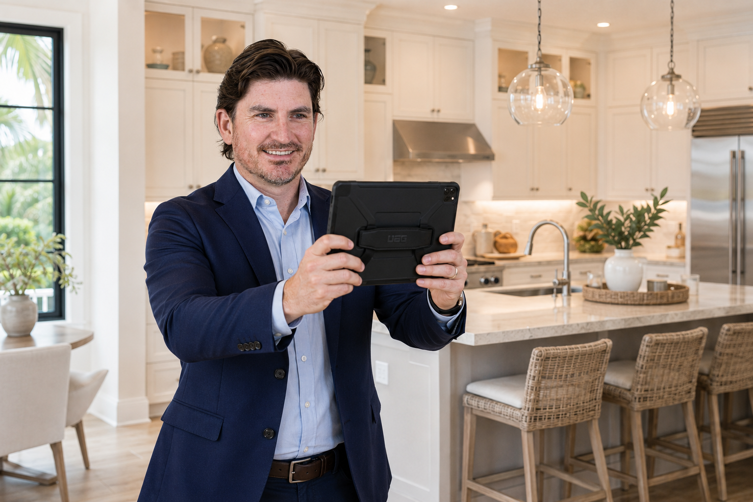 Shane White completing a Lee County residential appraisal inspection with an iPad