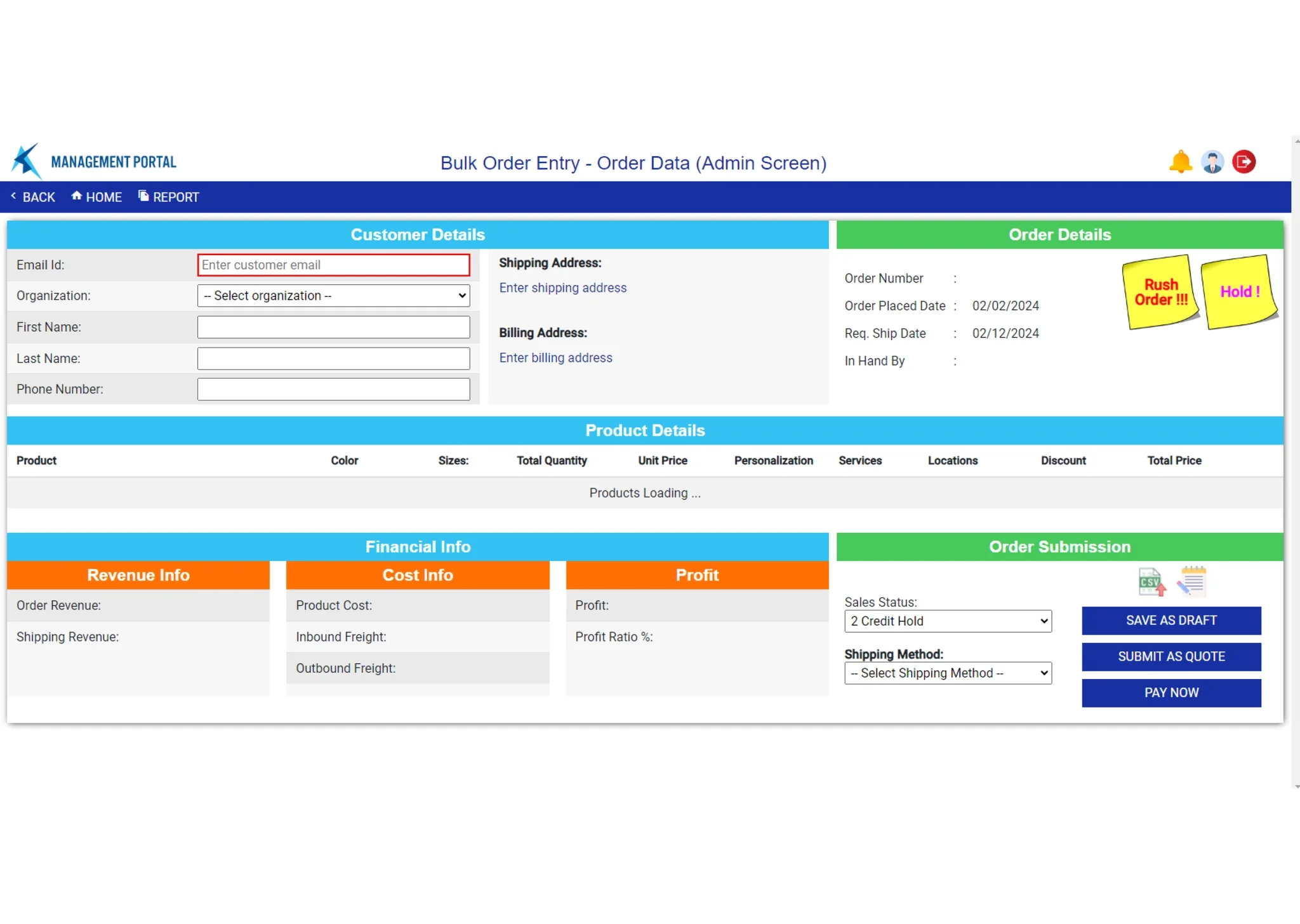 The original order entry dashboard