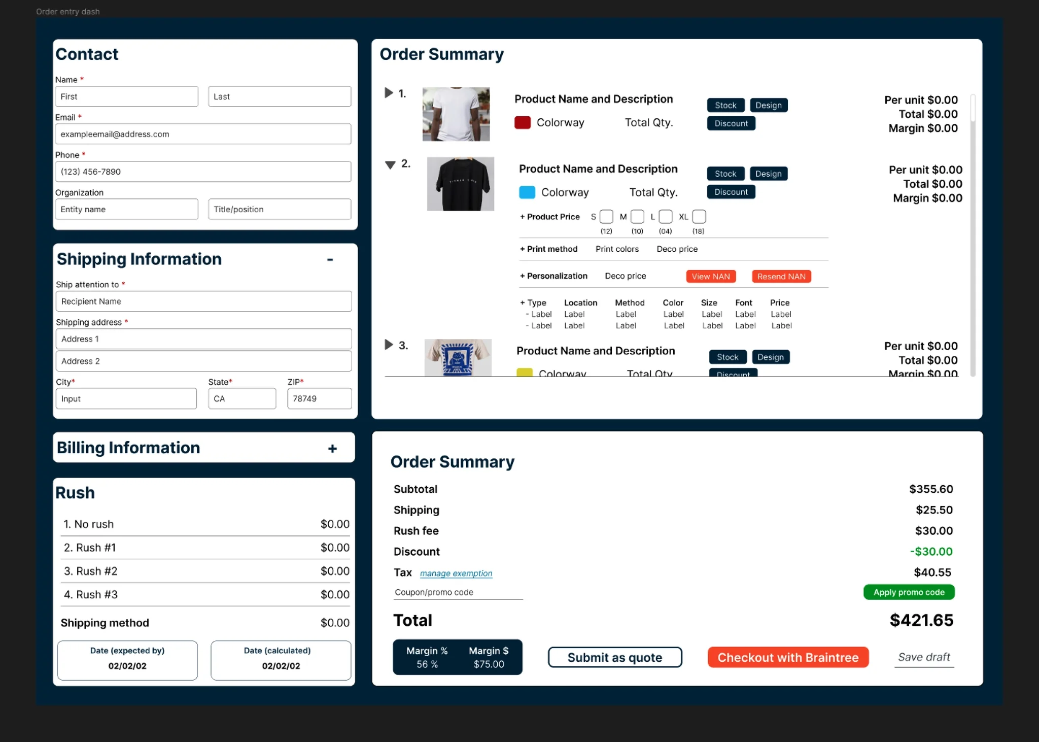 Final high-fidelity order entry dashboard design