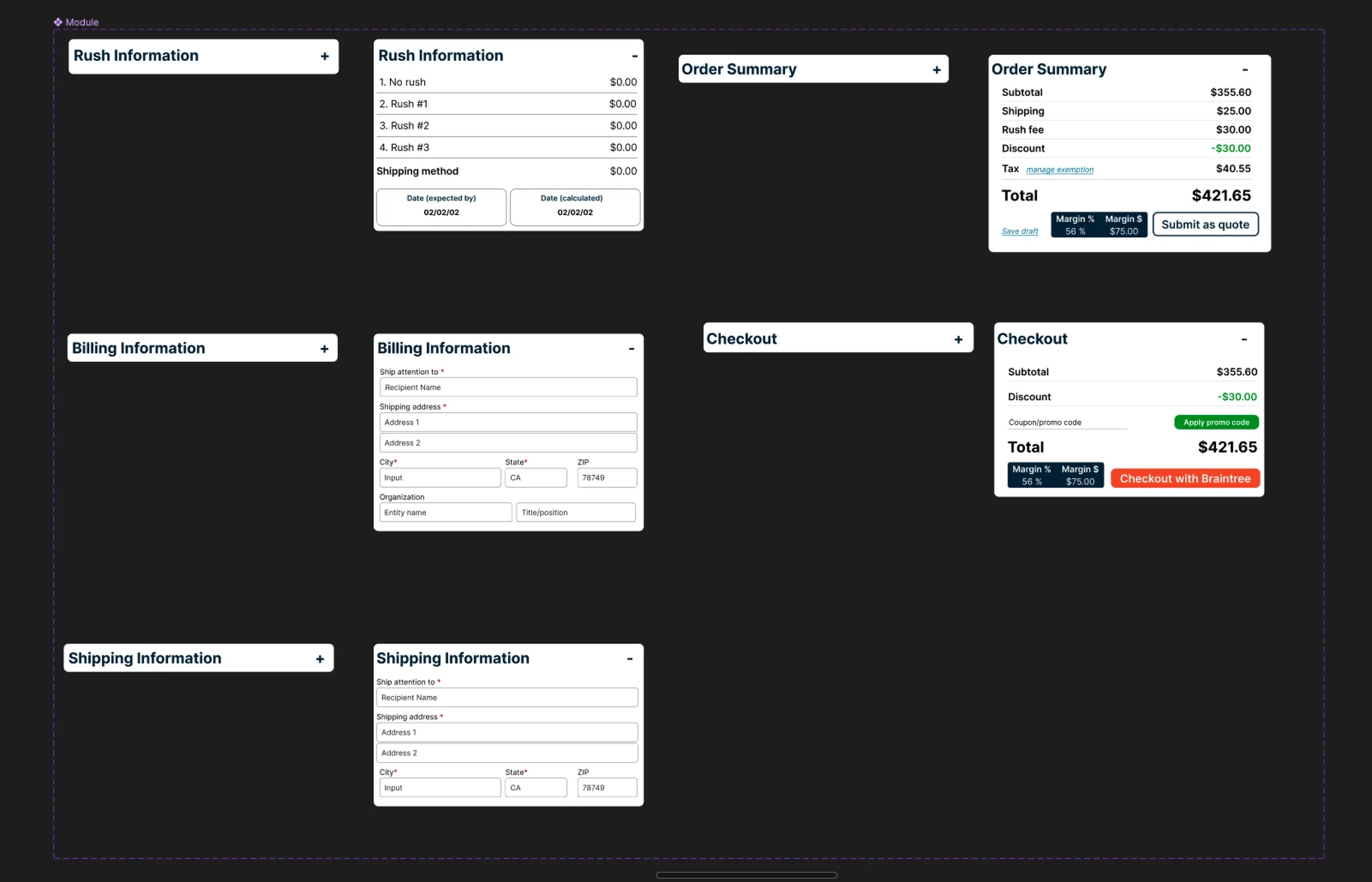 Branded UI components and design system elements for the order entry dashboard