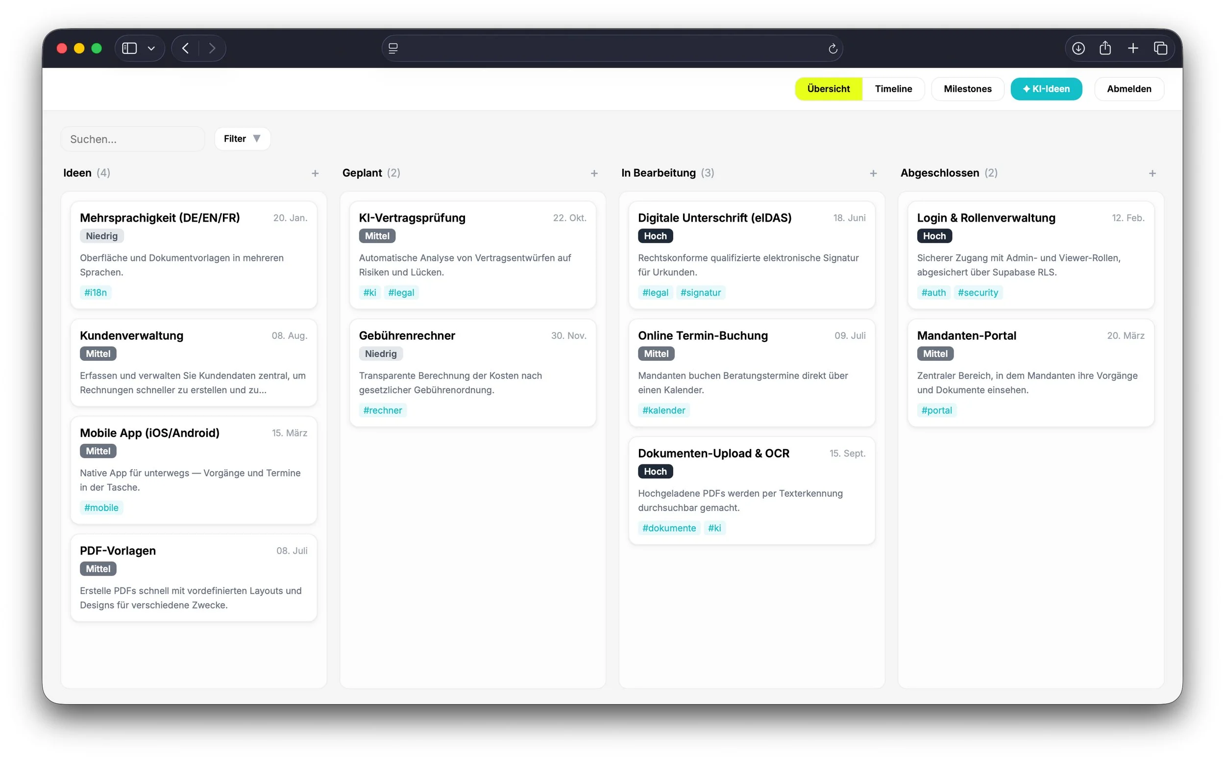 Kanban-Board Ansicht des Feature Planungstools