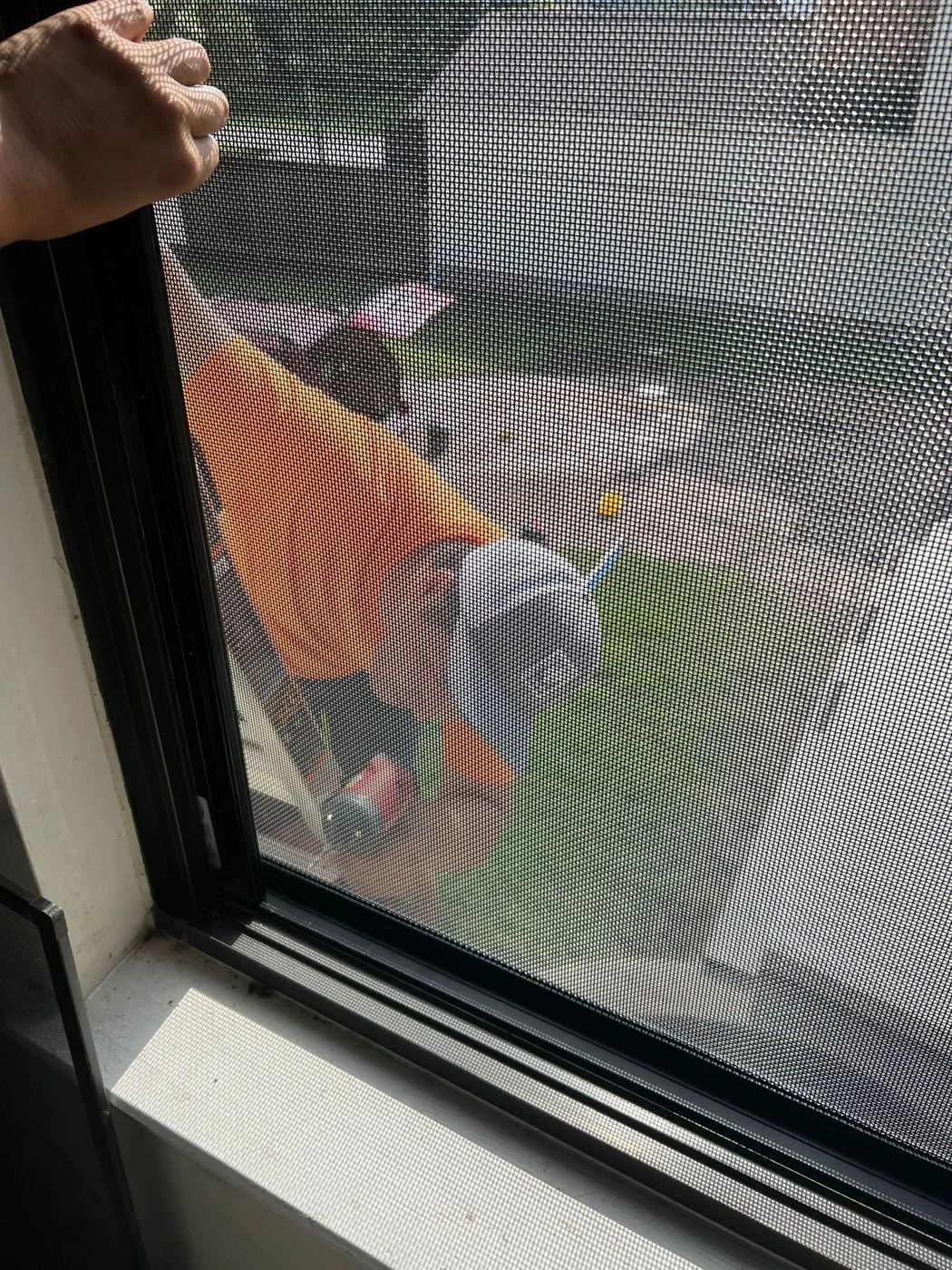 View through a stainless steel security screen from inside a Houston home