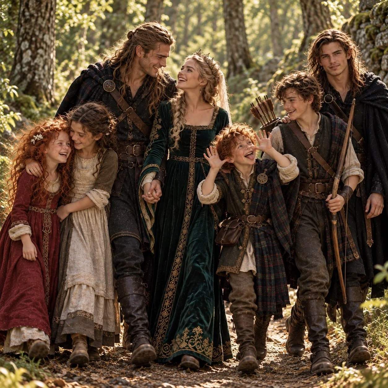 An illustrated family scene in a sunlit Scottish woodland