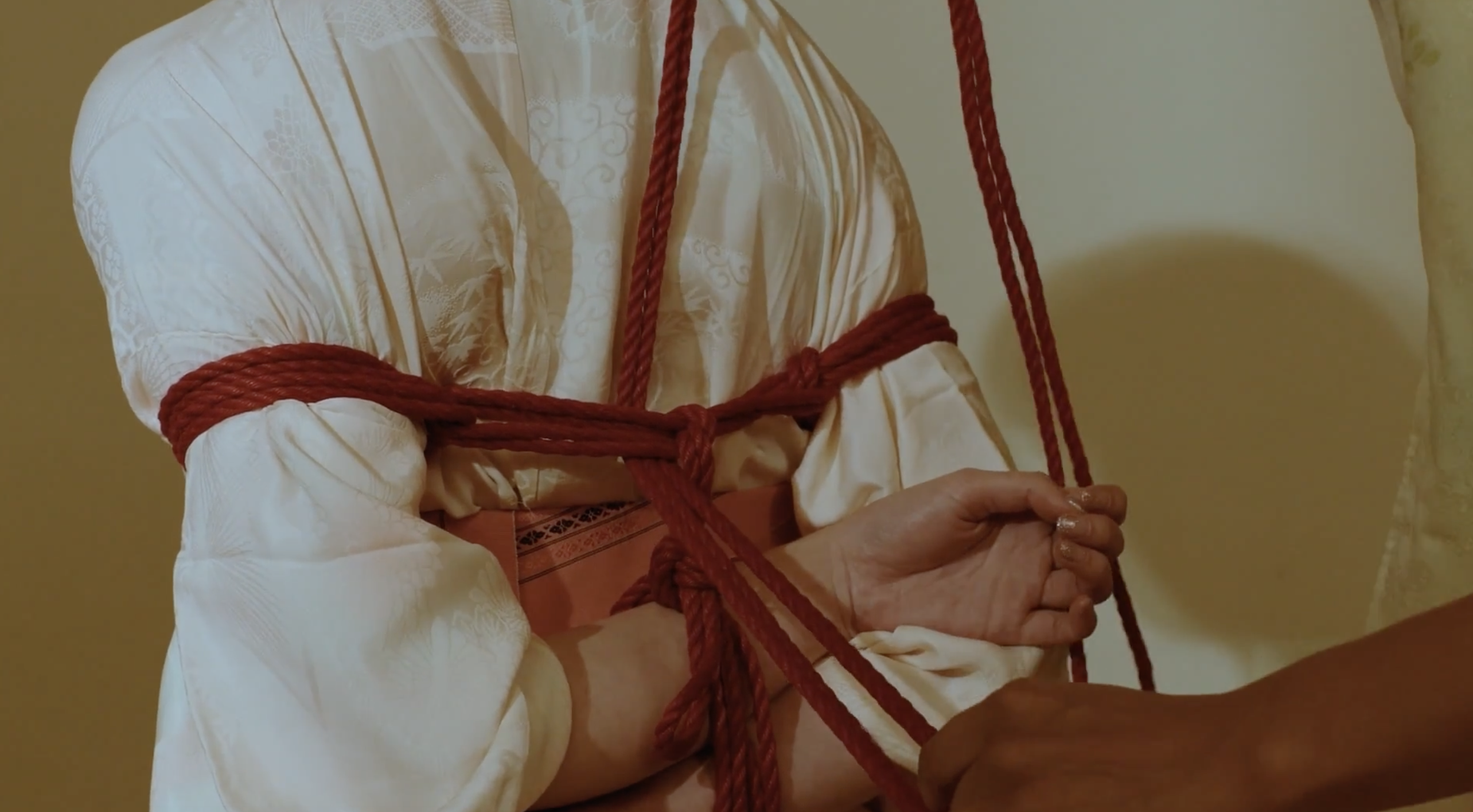 Shibari rope tie over a white kimono