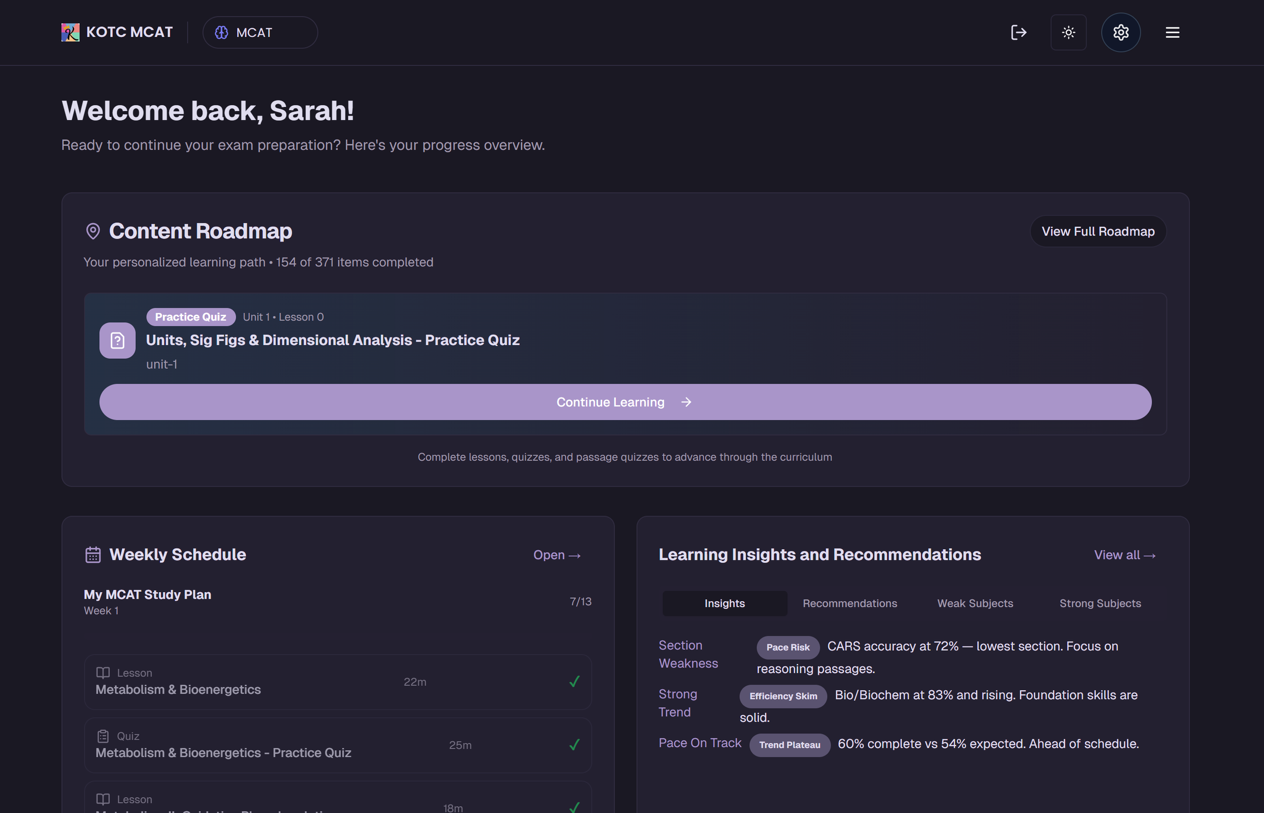 KOTC dashboard overview