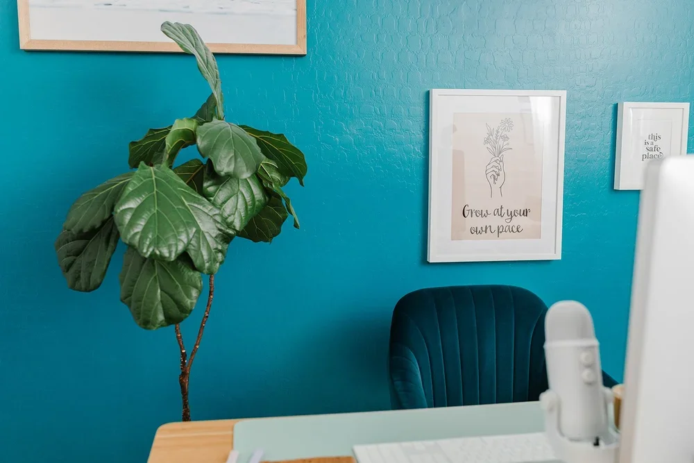 Therapy room with a teal wall, a fiddle-leaf fig and a framed print that reads Grow at your own pace
