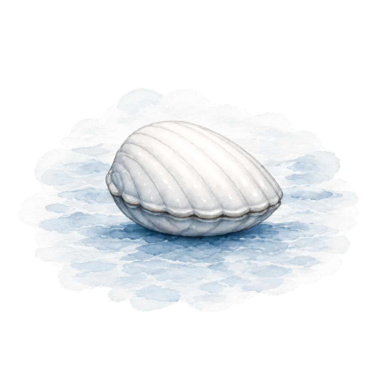 Transparent watercolor seashell resting in pale blue water