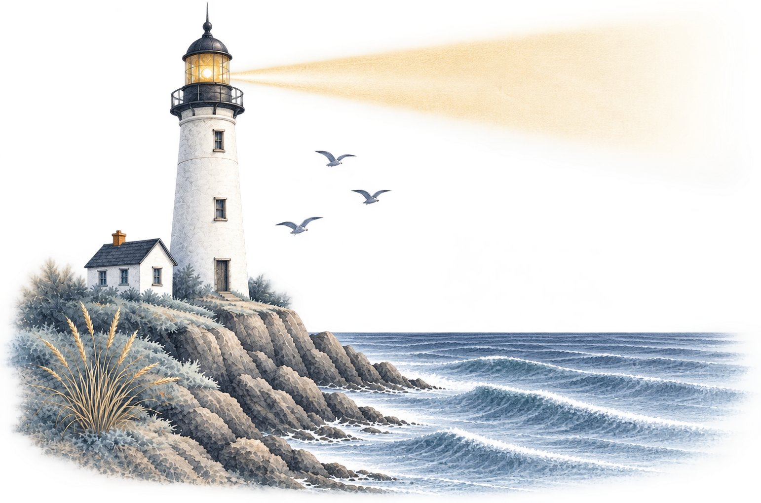 Watercolor lighthouse overlooking a rocky ocean coastline