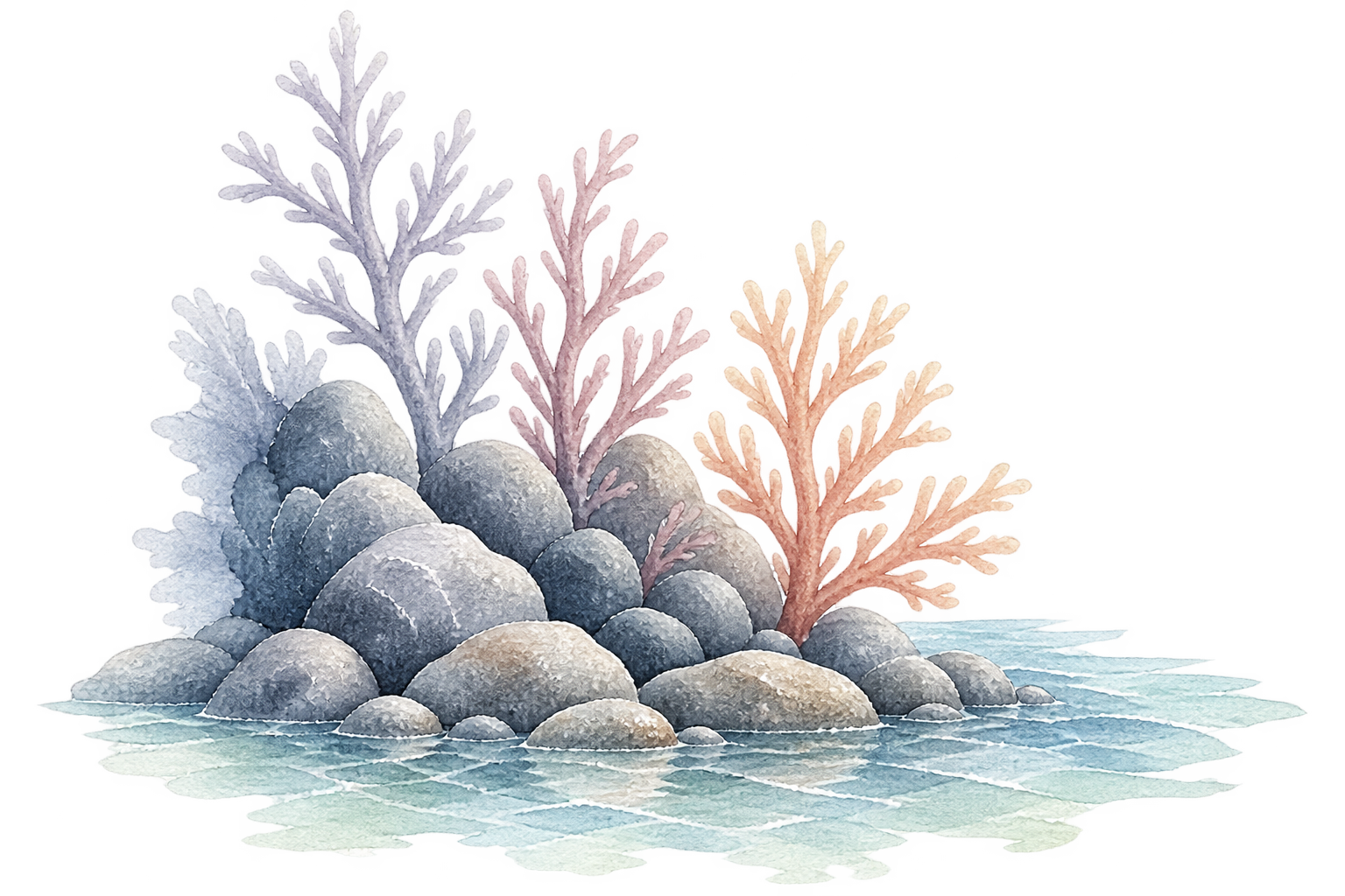 Transparent watercolor reef with coral, rounded stones, and calm water