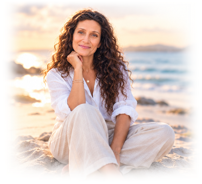 Sophie seated peacefully on a beach at golden hour