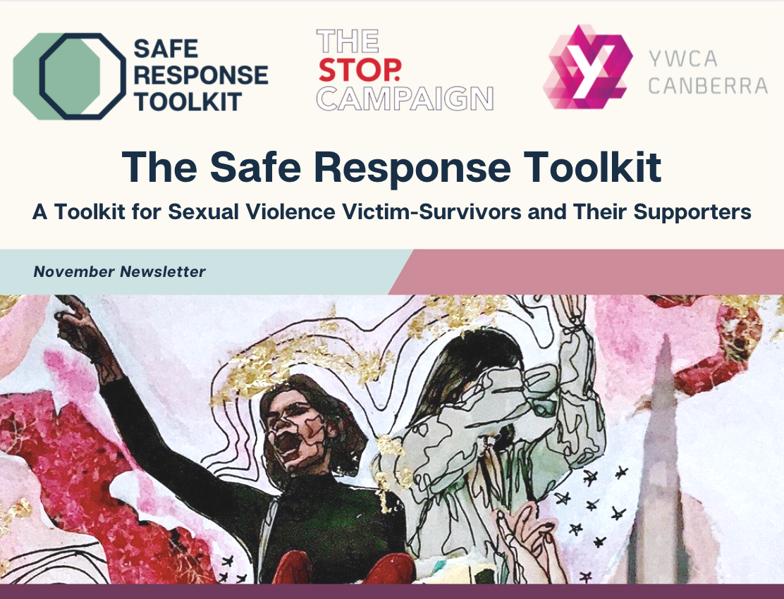 The Safe Response Toolkit poster with woman pointing upwards