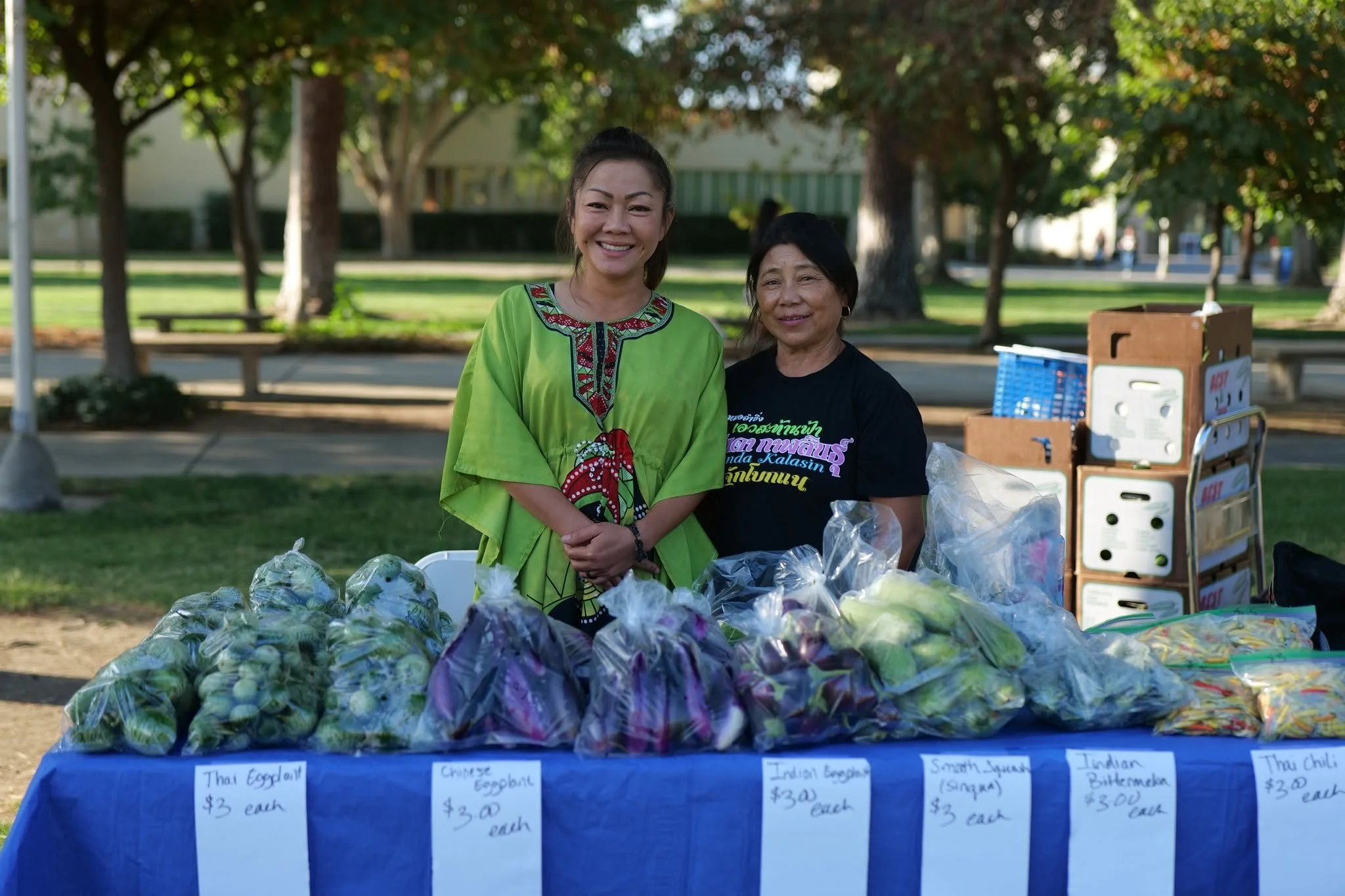 Producer at an outdoor farmers market stand with fresh vegetables including carrots, onions, cucumbers, and chilis