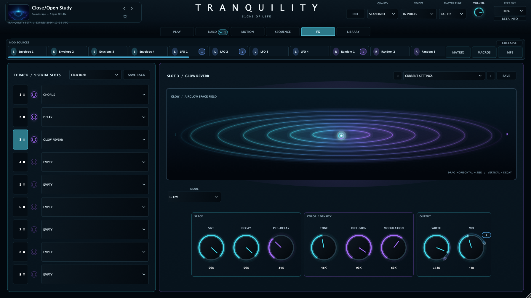 TRANQUILITY FX workspace showing the Close/Open Study factory preset's Chorus, Delay and Glow Reverb chain, with the Glow Airglow Space Field editor open.