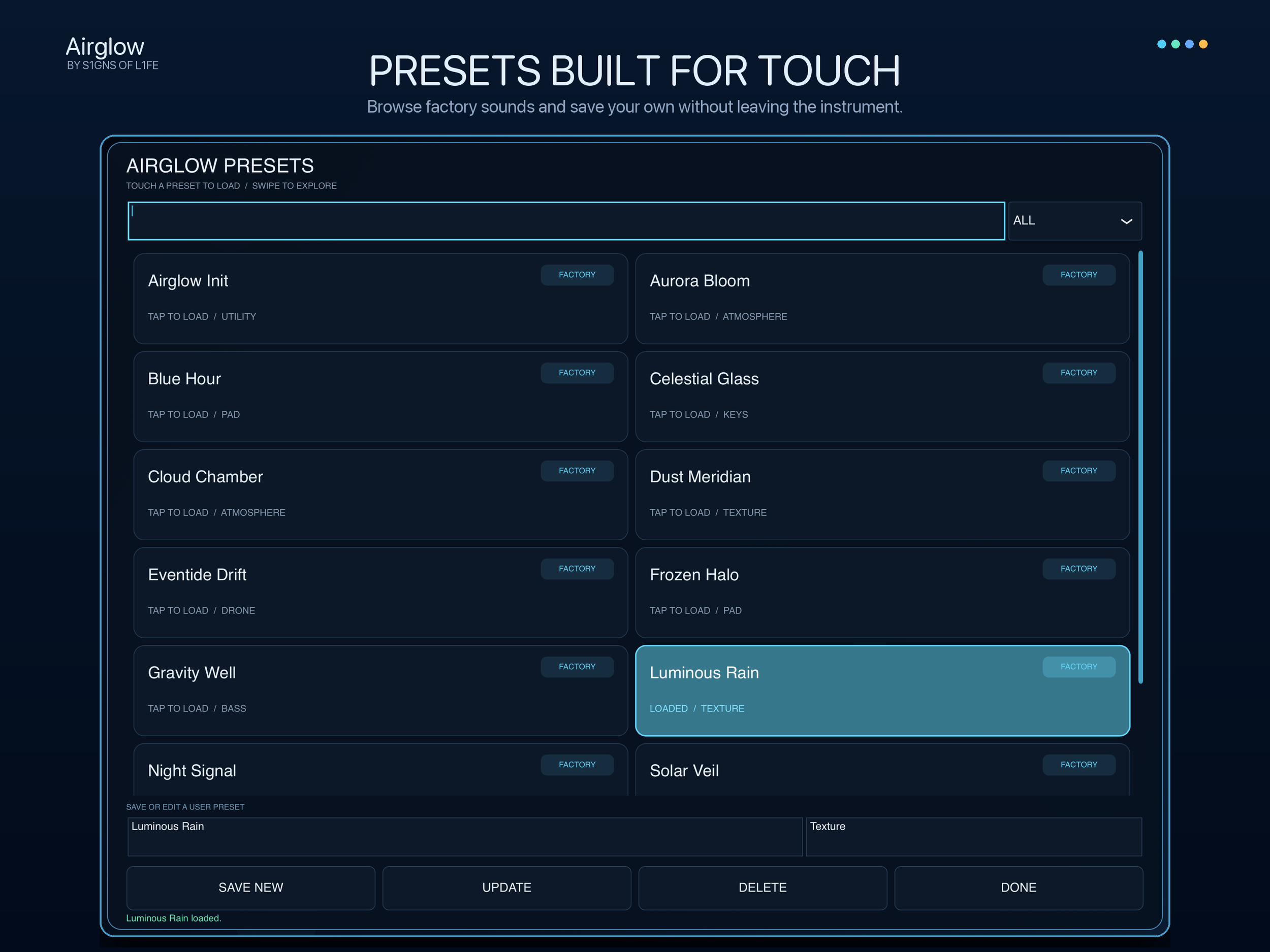 Airglow touch-first factory and user preset library on iPad