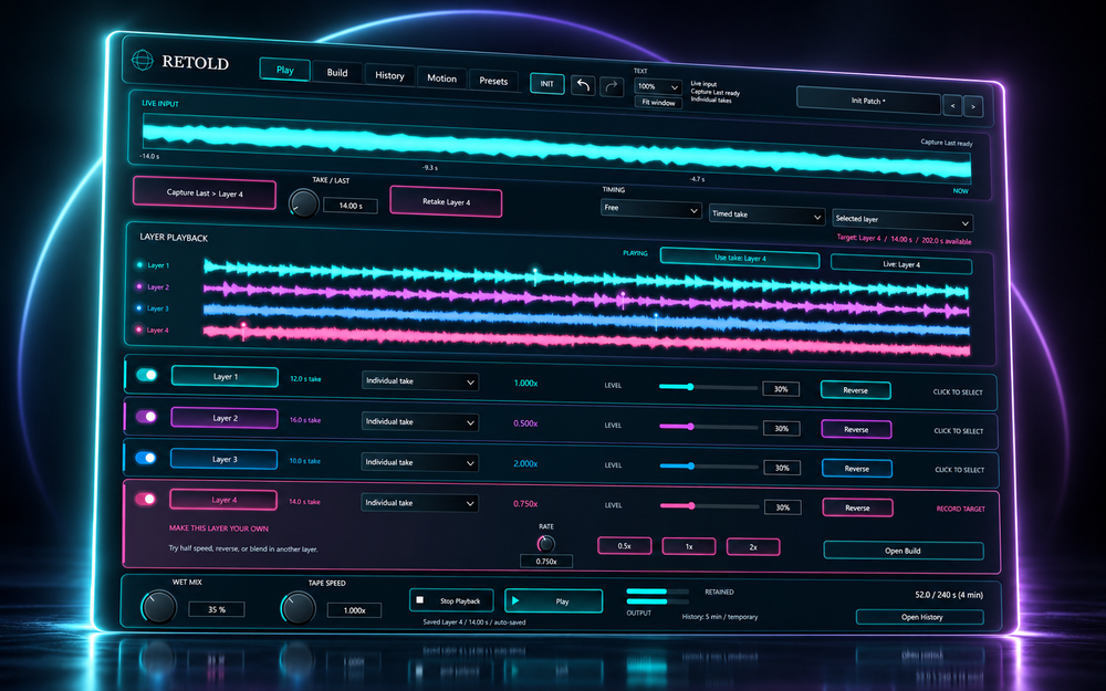 RETOLD Play interface with four waveform layers, cyan and violet glass lighting, and a reflective surface
