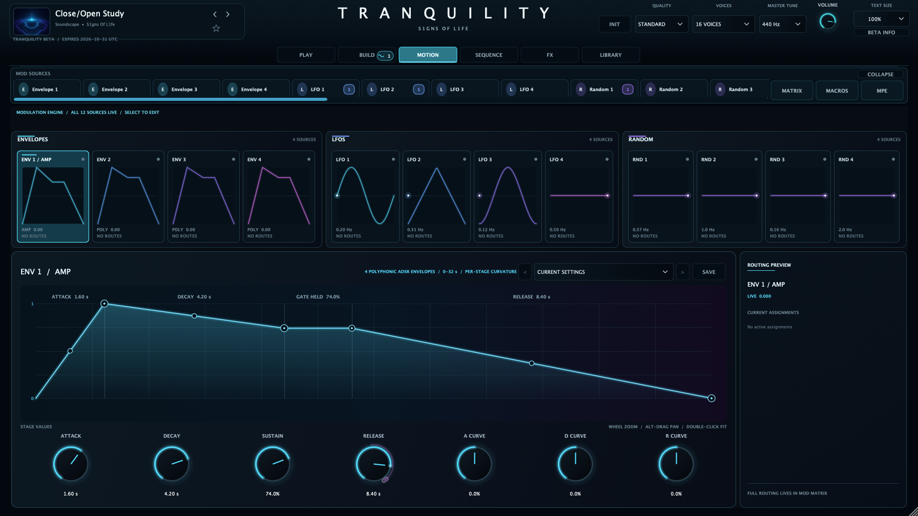 TRANQUILITY MOTION workspace showing the Close/Open Study factory preset with four envelopes, four LFOs, four random generators and the detailed envelope editor.