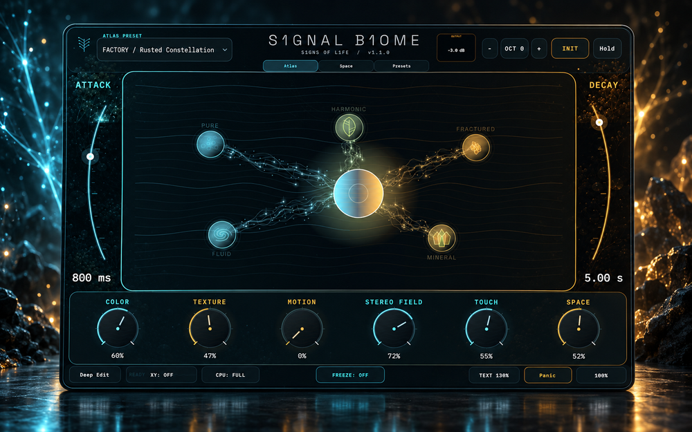 S1GNAL B1OME interface showing the Rusted Constellation preset in a cyan and amber product scene