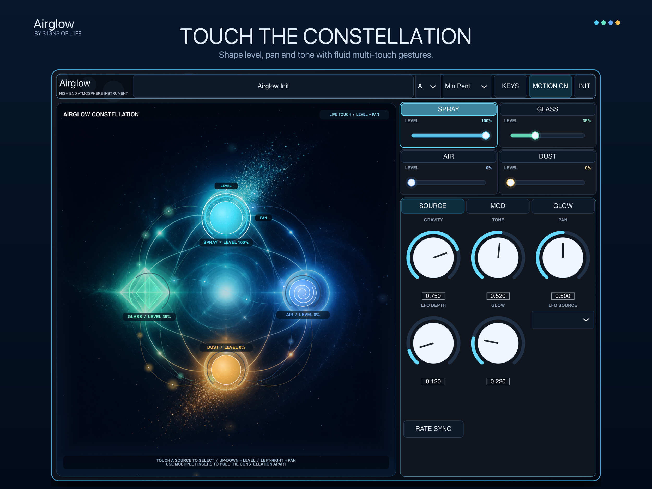 Airglow touch-first constellation atmosphere synth interface on iPad
