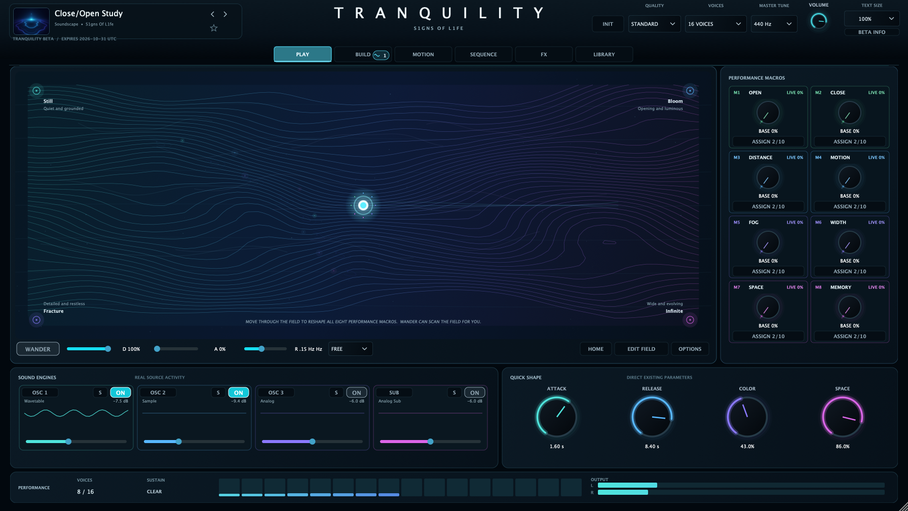 TRANQUILITY PLAY workspace showing the Close/Open Study factory preset, Percentage Field and eight Performance Macros.