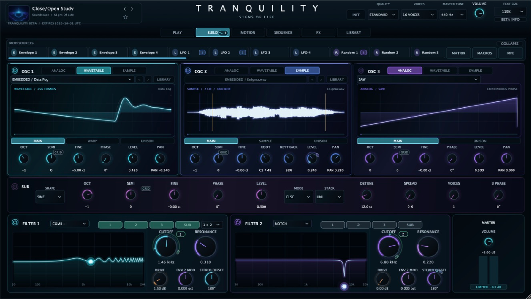 TRANQUILITY BUILD workspace showing the Close/Open Study factory preset with the Data Fog wavetable, the Enigma.wav factory sample visibly loaded in OSC 2, an analog source, dedicated Sub, and dual filters.