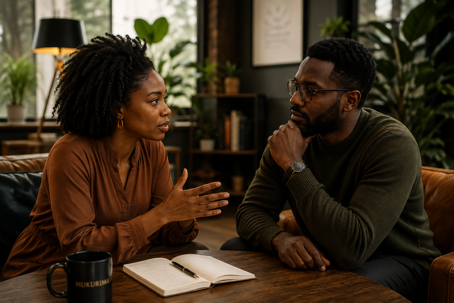 Two African professionals in a thoughtful conversation