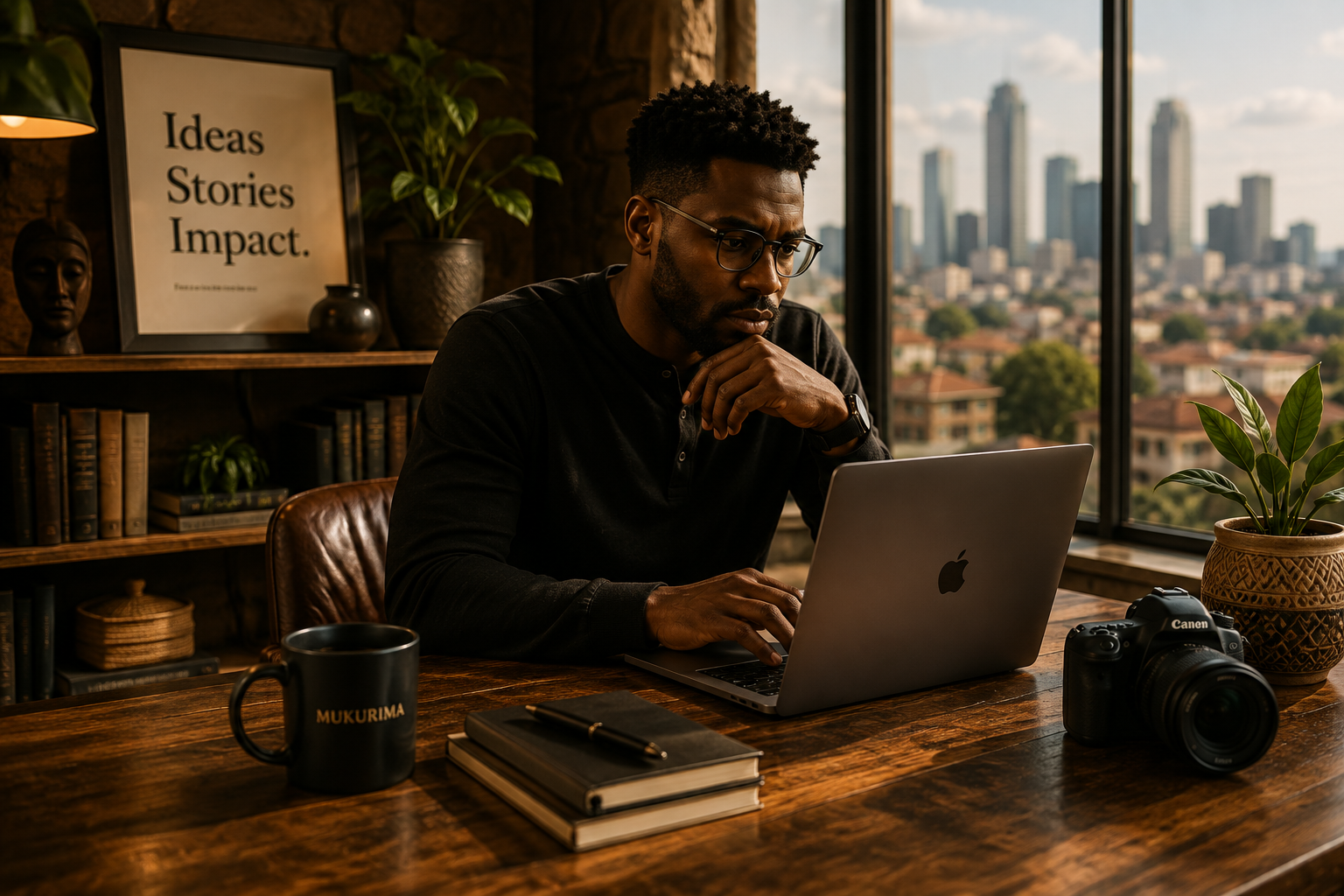 Contemporary African communications professional working in a modern creative space